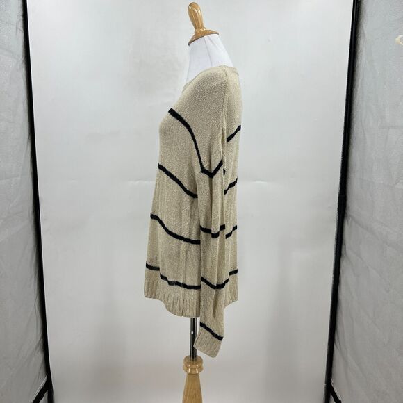 Bobeau Sweater Womens M Medium Oatmeal Black Striped Open Weave Long Sleeve Crew - Picture 6 of 13